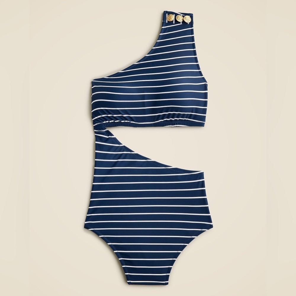 J. Crew Navy and white Gold sailor buttons Side cutouts One Piece Swim
